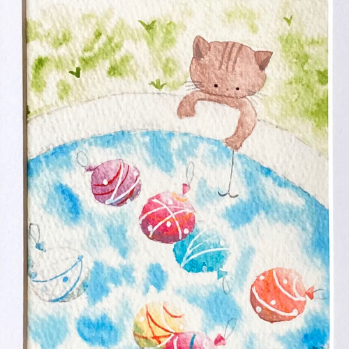 透明水彩画 A4ポスター「猫ちゃんのヨーヨー釣り」イラスト