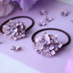 交渉中 再販★ピンク宇宙 花時計ヘアゴム 再販】紫陽花(あじさい)革花ヘアゴム*ラベンダー/初夏*レザー