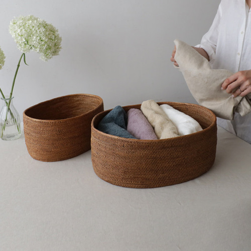 送料無料）再制作 伝統工芸アタ細工 大 オーバル バスケット 収納BOX