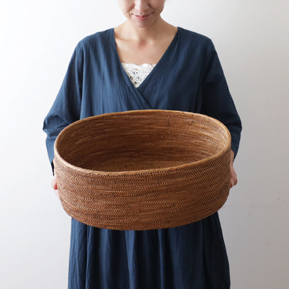 送料無料）再制作 伝統工芸アタ細工 大 オーバル バスケット 収納BOX