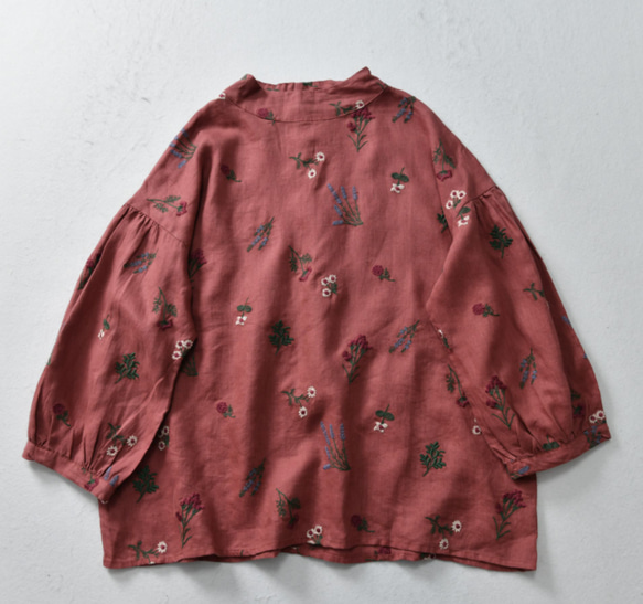刺繡リネン七分袖シャツ# 4色 ゆったり*レディース  ランタンスリーブ トップス 2枚目の画像