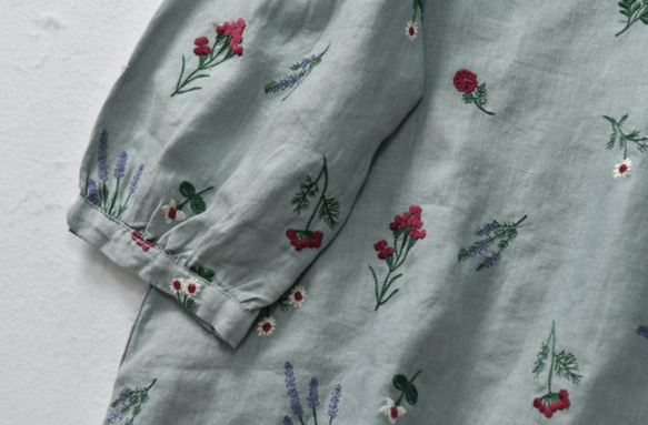 刺繡リネン七分袖シャツ# 4色 ゆったり*レディース  ランタンスリーブ トップス 7枚目の画像