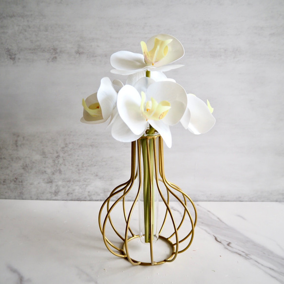 【胡蝶蘭】setコロンと丸いゴールドワイヤーフラワーベースの投げ入れ 1枚目の画像