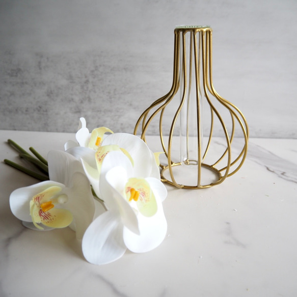 【胡蝶蘭】setコロンと丸いゴールドワイヤーフラワーベースの投げ入れ 7枚目の画像