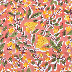 【50cm単位】ピンクオレンジイエローフラワー　インドハンドブロックプリント生地　テキスタイル　コットン 3枚目の画像