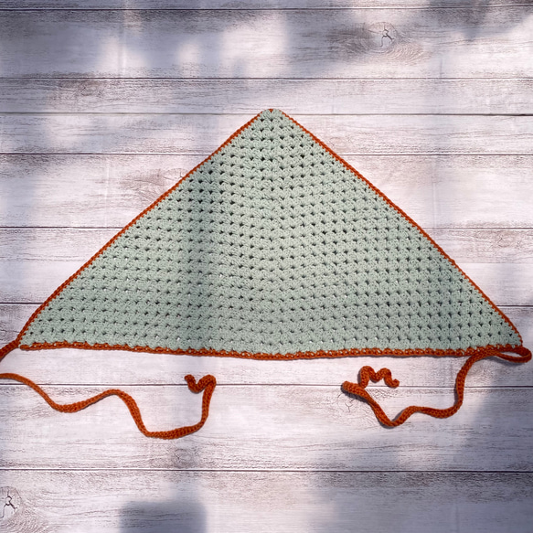 【NO.3122036】ハンドメイド カーチフ 三角巾 グラニー編み ミントグリーン×オレンジ 2枚目の画像