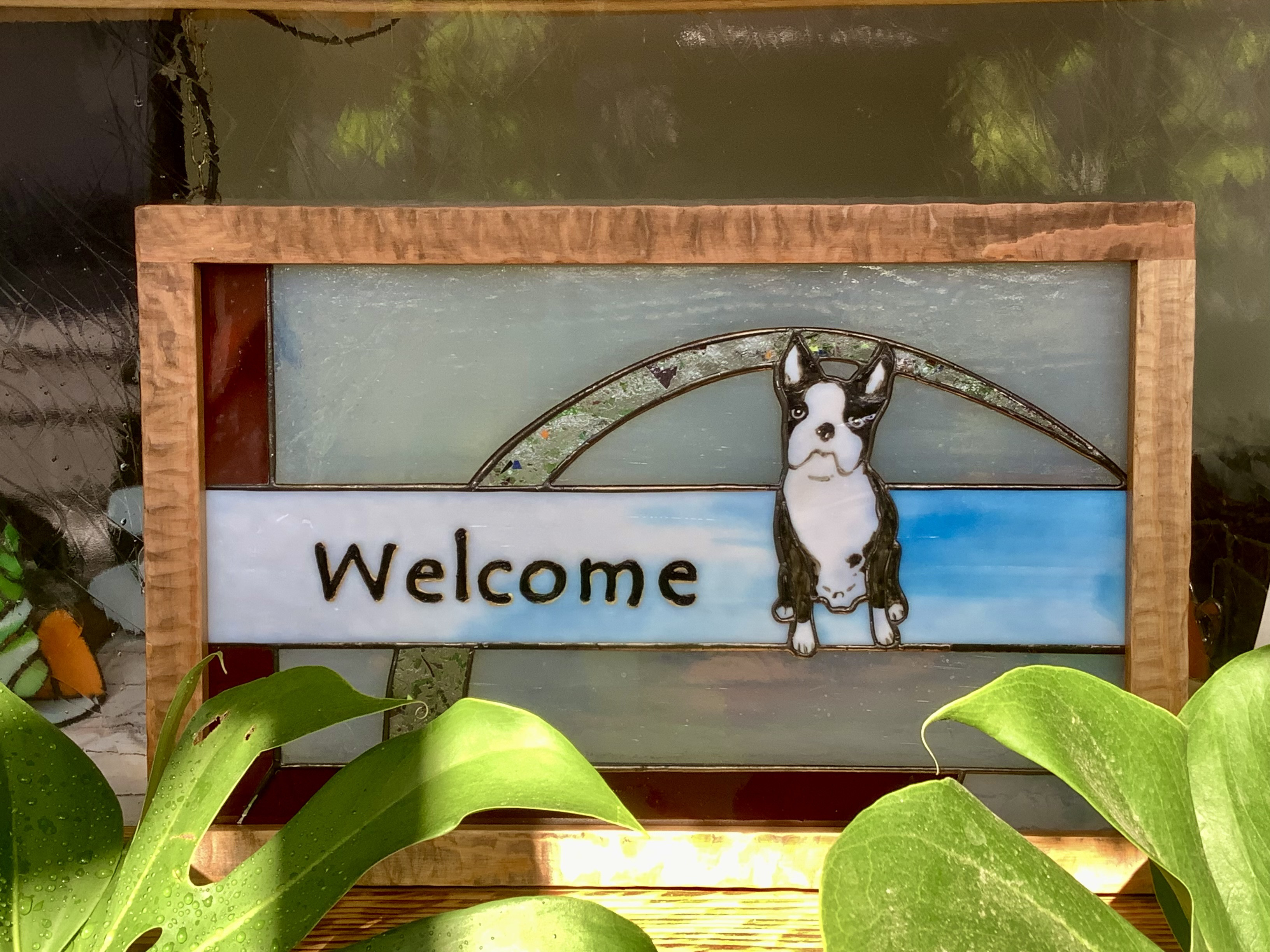 welcome ウエルカム　木枠　ステンドグラス　ドッグ　ボストンテリア
