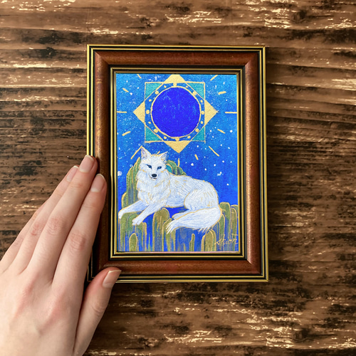 月とオオカミの絵画 新月/インテリアアート 月の絵 星 狼 おしゃれ