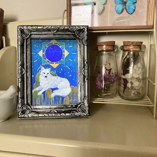 月とオオカミの絵画 新月/インテリアアート 月の絵 星 狼 おしゃれ