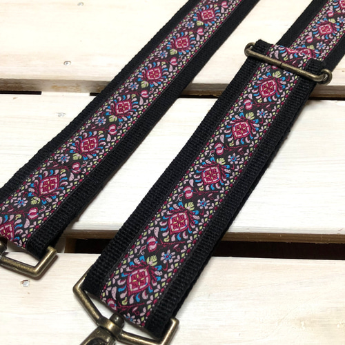 38mm幅斜め掛け用・ショルダーストラップ☆ 黒ベルト＋ピンク系の