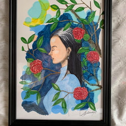 水彩画 少女と花（原画、F4サイズ、額付き） Girl and Flower