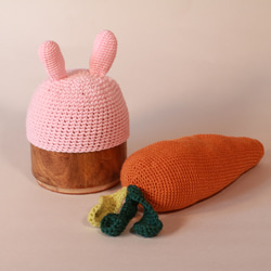 うさぎさんニット帽子（子ども用）とニンジンぬいぐるみセット 1枚目の画像