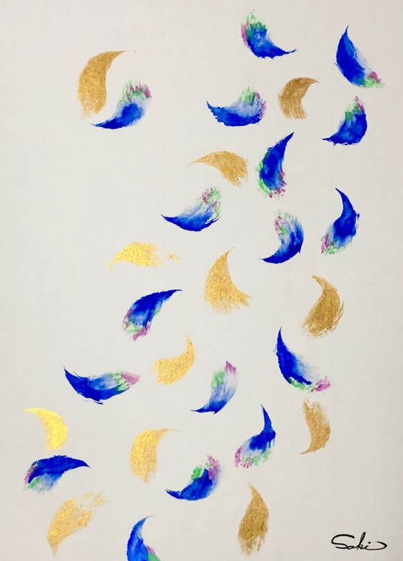 【一点物】Lucky Feather（幸せの羽）シリーズ- 幸せ舞い降りる　ゴールド ブルーgold blue 2枚目の画像