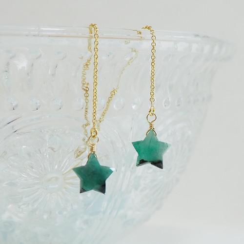 エメラルド　14K　フックピアス Creema限定*14kgf】星のエメラルド・アメリカンピアス ピアス