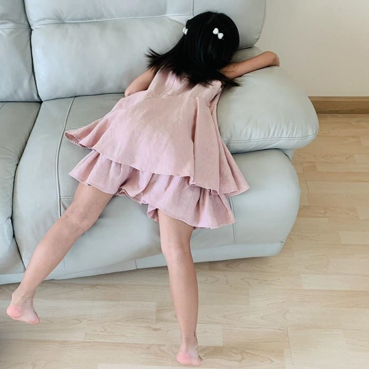 麻/リネン100％女の子おめかしフレアワンピース（ピンク・浅葱・黄・紺・白・黒/ノースリーブ/120㎝）