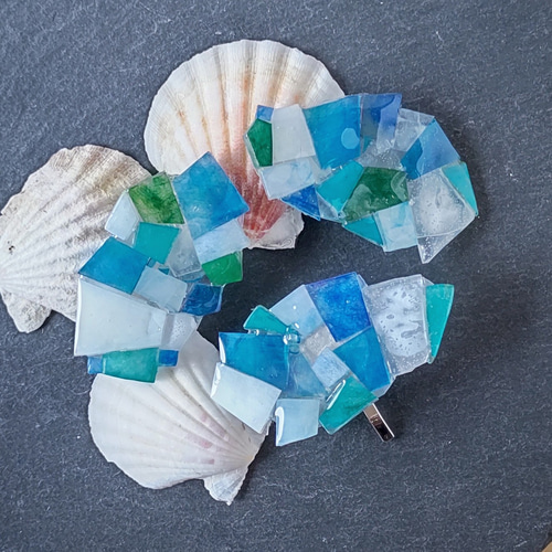 青い空と深い海＊大きなカケラ＊ポニーフックorヘアゴム ポニーフック