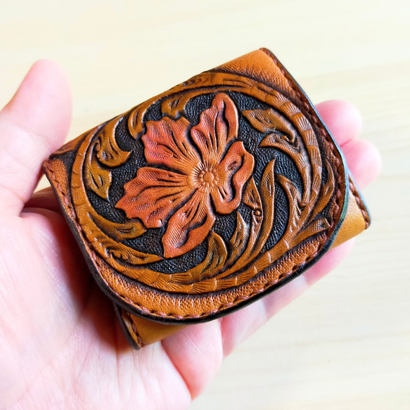 コインケース 小銭入れ レザー カービング 手染め 手縫い 小銭入れ