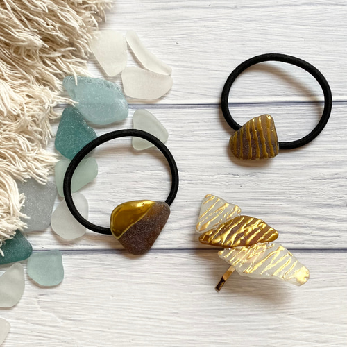 シーグラスのハンドメイドヘアアクセサリー ヘアゴム2点とポニーフック  