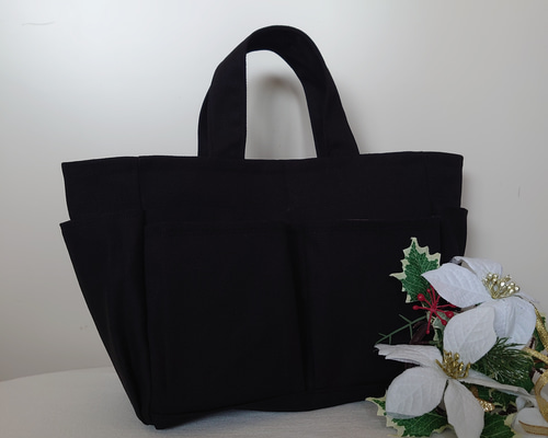 【ユリイカ】サイドポケット付きトートバッグL 帆布　黒×ドット柄 4ea23203b9f07f006a76ed1d60efd6