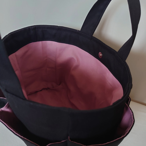 ꕤ受注製作ꕤ 黒帆布 ポケットたくさん サイドポケット 手提げ