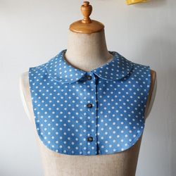 リネン生地シャツ型丸襟の付け襟(BLUEドット柄) 1枚目の画像