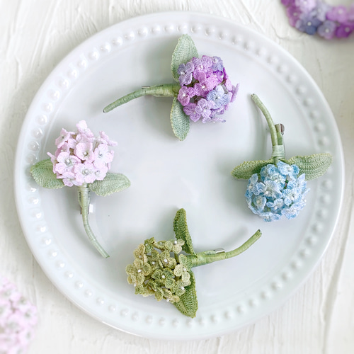 ピンク 紫陽花のブローチ レース編みアクセサリー あじさい アナベル