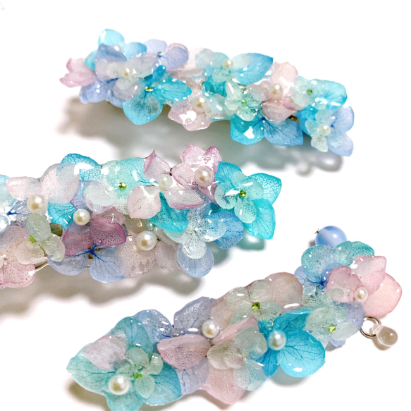 本物紫陽花吸い上げ染め❤️切子硝子調レジンのロングバレッタ❤️ 本物紫陽花吸い上げ染め❤️切子硝子調レジンのロングバレッタ❤️