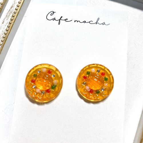 オレンジ系レジンカボションピアスハンドメイドイヤリング変更可