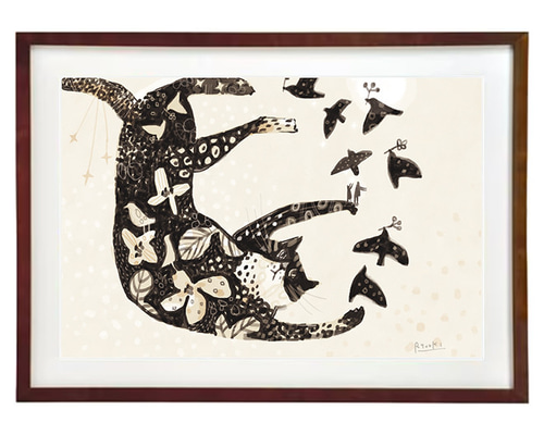 額装絵画【A3ノビ】猫と鳥と私と ※他サイズへの変更可能 絵画