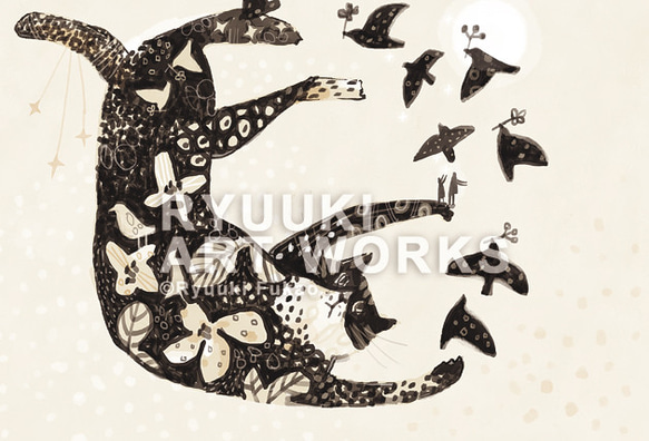 額装絵画【A3ノビ】猫と鳥と私と　※他サイズへの変更可能 2枚目の画像