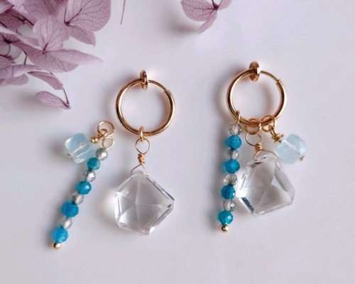 天然石イヤリング　アクアマリン　ゴールドフープイヤリング　129-2 樹脂可能 着せ替え、宝石質クリアクォーツ、アクアマリン、トパーズ、 ブルー