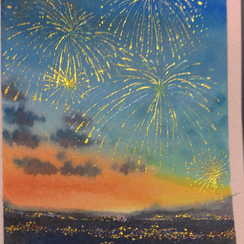 低価格で大人気の 夏の街と花火」真珠光沢水彩原画 Annie 絵画 ギフト イラスト 絵画