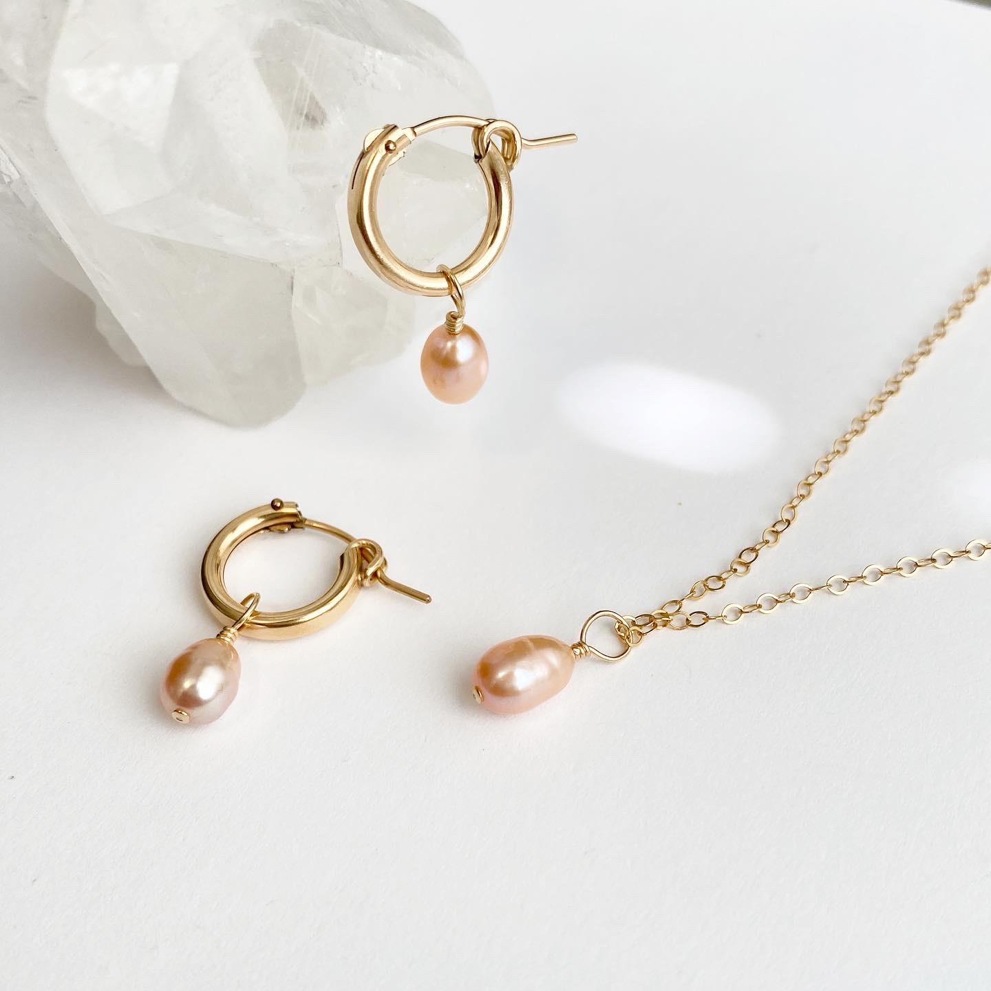 2wayフープピアス&ネックレスセット☆ピンクパール