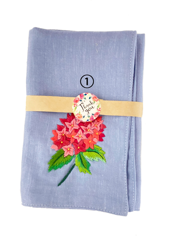 リネン手刺繍ハンカチ「紫陽花」30cm×30cm　様々な色 6枚目の画像