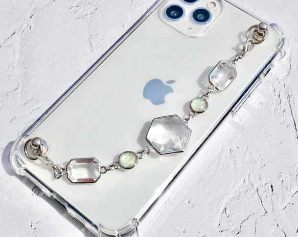 シルバーとクリアガラスのキーリングハンガー　スマホケース　iPhoneケース　全機種　スマホチェーン 1枚目の画像