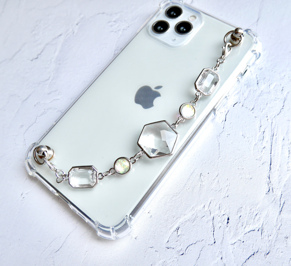シルバーとクリアガラスのキーリングハンガー　スマホケース　iPhoneケース　全機種　スマホチェーン 7枚目の画像