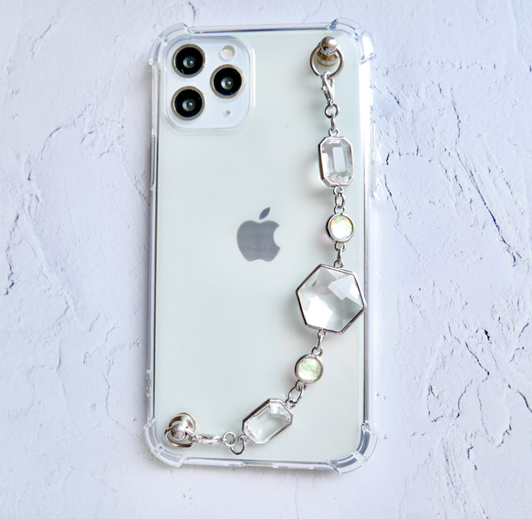 シルバーとクリアガラスのキーリングハンガー　スマホケース　iPhoneケース　全機種　スマホチェーン 6枚目の画像