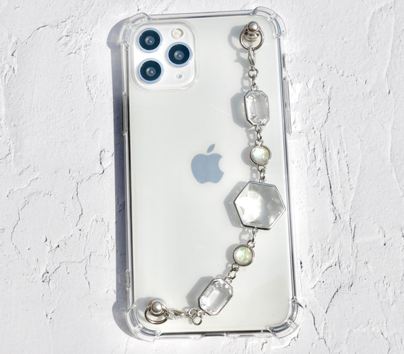 シルバーとクリアガラスのキーリングハンガー　スマホケース　iPhoneケース　全機種　スマホチェーン 2枚目の画像