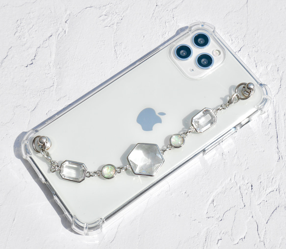 シルバーとクリアガラスのキーリングハンガー　スマホケース　iPhoneケース　全機種　スマホチェーン 4枚目の画像