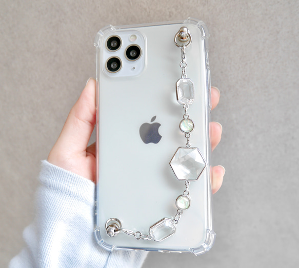 シルバーとクリアガラスのキーリングハンガー　スマホケース　iPhoneケース　全機種　スマホチェーン 9枚目の画像