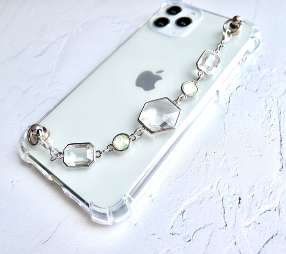 シルバーとクリアガラスのキーリングハンガー　スマホケース　iPhoneケース　全機種　スマホチェーン 8枚目の画像