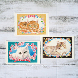 ポストカード３枚セット猫パステル画〈❁フローラルリボン❁〉 1枚目の画像