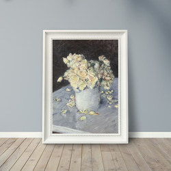 【NO.391】白色の薔薇の花瓶の絵画フラワーアートポスター☆上品エレガントアンティークハガキ2L版A5A4A3A2A1 1枚目の画像