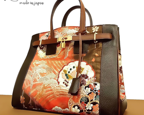 SOLD◇35サイズ◇着物帯と本革のリメイクバッグ◇remake.829