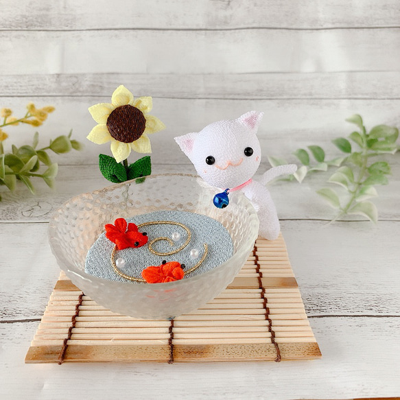 夏飾り 金魚 ねこ 朝顔 涼しげ 置き物 ちりめん細工 つまみ細工