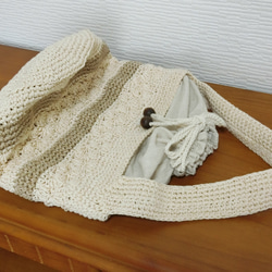 生成り綿麻手編みバケツトートバッグ　松編み　 4枚目の画像