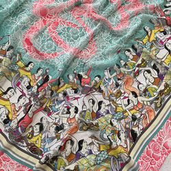 最後の晩餐風女子会絵柄シフォンスカーフ　サイズ95×95cm(コーラル系) 6枚目の画像