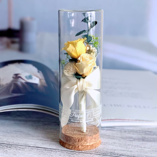 マカロンイエロー 黄色のバラのボトルフラワー / 花言葉 置物 瓶 プチ