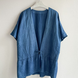 送料無料 エレガントで軽やか 藍染コットンシルク半袖羽織り  ギャザー裾 9枚目の画像