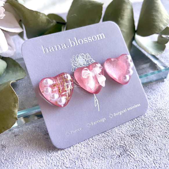 glass heart 3way pink ribbon Earrings 9枚目の画像